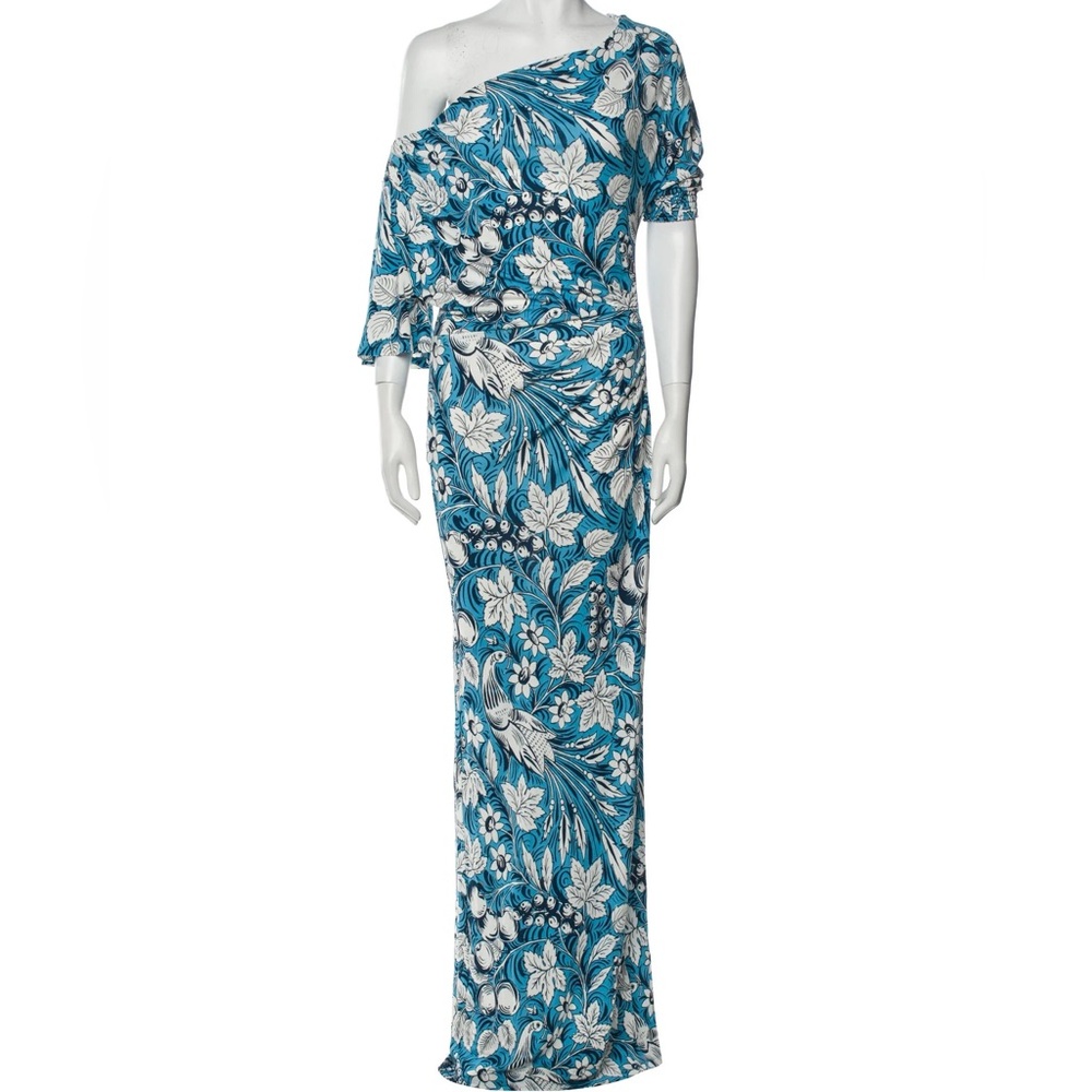 DVF DIANE VON FURSTENBERG Wittrock Blue White Floral One Shoulder Maxi Dress